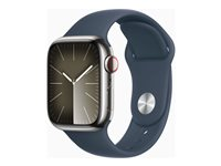 Apple Watch Series 9 (GPS + Cellular) - 41 mm - rostfritt stål i silver - smart klocka med sportband - fluoroelastomer - stormbl¨ - bandstorlek: S/M - 64 GB - Wi-Fi, LTE, UWB, Bluetooth - 4G - 42.3 g MRJ23KS/A