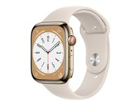 Apple Watch Series 8 (GPS + Cellular) - 45 mm - guld, rostfritt stål - smart klocka med sportband - fluoroelastomer - starlight - bandstorlek: standard - 32 GB - Wi-Fi, LTE, Bluetooth, UWB - 4G - 51.5 g MNKM3KS/A