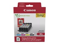 Canon CLI-581XL C/M/Y/BK Photo Value Pack - 4-pack - 8.3 ml - XL - svart, gul, cyan, magenta - original - box - bläckbehållare / papperspaket - för PIXMA TS6251, TS6350, TS6351, TS705, TS8252, TS8350, TS8351, TS8352, TS9550, TS9551 2052C006