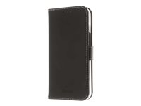 Insmat Exclusive Flip Case - Vikbart fodral för mobiltelefon - genuint läder, polykarbonat, bomullssömmar, kartong+papper - svart - för Apple iPhone 14 650-3099