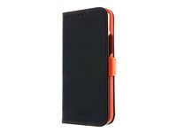 Insmat Exclusive - Vikbart fodral för mobiltelefon - läder, kartong+papper+aluminiumfolie - svart/orange - för Apple iPhone 11 650-2967