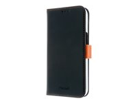 Insmat Exclusive - Vikbart fodral för mobiltelefon - genuint läder, polykarbonat, kartong+papper+aluminiumfolie - svart, orange - för Apple iPhone 15 650-3192