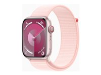Apple Watch Series 9 (GPS + Cellular) - 45 mm - rosa aluminium - smart klocka med sportögla - mjukt nylon i dubbla lager - ljusrosa - 64 GB - Wi-Fi, LTE, UWB, Bluetooth - 4G - 39 g MRMM3KS/A
