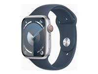 Apple Watch Series 9 (GPS + Cellular) - 45 mm - silveraluminium - smart klocka med sportband - fluoroelastomer - stormbl¨ - bandstorlek: M/L - 64 GB - Wi-Fi, LTE, UWB, Bluetooth - 4G - 39 g MRMH3KS/A