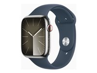 Apple Watch Series 9 (GPS + Cellular) - 45 mm - rostfritt stål i silver - smart klocka med sportband - fluoroelastomer - stormbl¨ - bandstorlek: S/M - 64 GB - Wi-Fi, LTE, UWB, Bluetooth - 4G - 51.5 g MRMN3KS/A