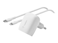 Belkin BoostCharge - Strömadapter - 20 Watt - Fast Charge, Strömmatning 3.1 (24 pin USB-C) - på kabel: Lightning - vit WCA006VF1MWH-B5