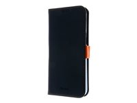 Insmat Exclusive - Vikbart fodral för mobiltelefon - genuint läder, polykarbonat, kartong+papper+aluminiumfolie, bomullssömmar - svart/orange - för Apple iPhone 15 Pro Max 650-3195