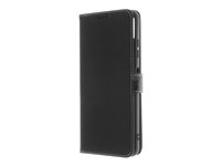 Insmat - Vikbart fodral för mobiltelefon - genuint läder, termoplastisk polyuretan (TPU), polyuretanklädsel - svart, galvaniserad bronsring - för Samsung Galaxy A22 5G 650-2974