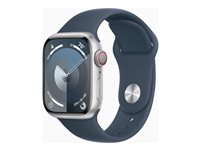 Apple Watch Series 9 (GPS + Cellular) - 41 mm - silveraluminium - smart klocka med sportband - fluoroelastomer - stormbl¨ - bandstorlek: M/L - 64 GB - Wi-Fi, LTE, UWB, Bluetooth - 4G - 32.1 g MRHW3KS/A