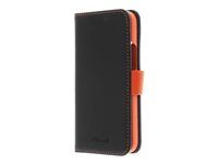 Insmat Exclusive Flip Case - Vikbart fodral för mobiltelefon - genuint läder, polykarbonat, bomullssömmar, kartong+papper - svart och orange - för Apple iPhone 14 650-3101