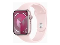 Apple Watch Series 9 (GPS) - 45 mm - rosa aluminium - smart klocka med sportband - fluoroelastomer - ljusrosa - bandstorlek: M/L - 64 GB - Wi-Fi, UWB, Bluetooth - 38.7 g MR9H3KS/A