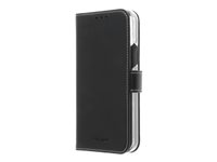 Insmat Exclusive Flip Case - Vikbart fodral för mobiltelefon - papper, kartong, läder, polykarbonat, bomull, aluminiumfolie - svart - för Apple iPhone 12, 12 Pro 650-2879