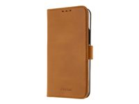 Insmat Exclusive Flip Case - Vikbart fodral för mobiltelefon - genuint läder, polykarbonat, bomullssömmar, kartong+papper - brun - för Apple iPhone 14 Pro 650-3115