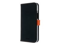 Insmat Exclusive - Vikbart fodral för mobiltelefon - genuint läder, polykarbonat, kartong+papper+aluminiumfolie, bomullssömmar - svart/orange - för Apple iPhone 15 Plus 650-3193